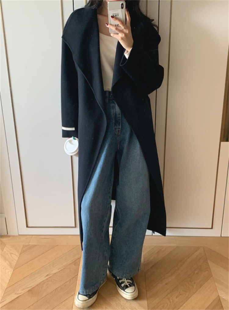 激安セール レトロ感あるリブカラーリラックスフィットリボン付きロングコート