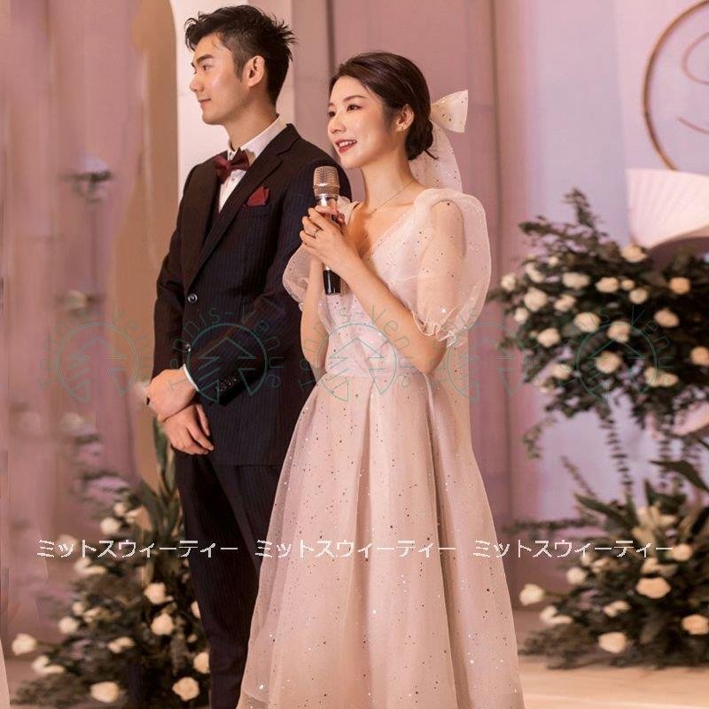 半袖 ミモレ丈 ウェディグドレス 二次会 花嫁 パーティドレス 結婚式 白 ワンピース 演奏会 小さ