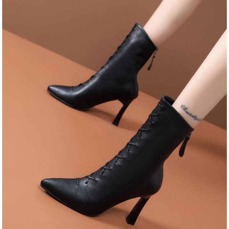 韓国風 ブーティ レディース スエード調 ショートブーツ 牛革 高級 ストレッチブーツ ハイヒール