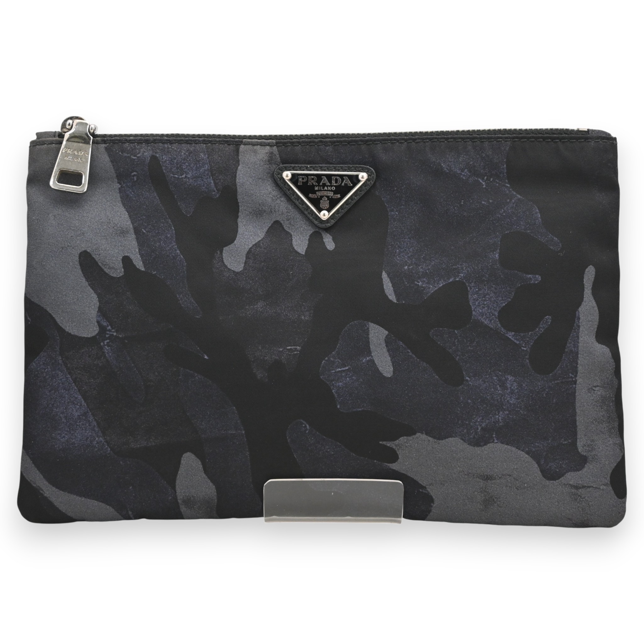 プラダ ロゴプレート 迷彩柄 ナイロン ポーチ ブルー Bランク pr5512cu
