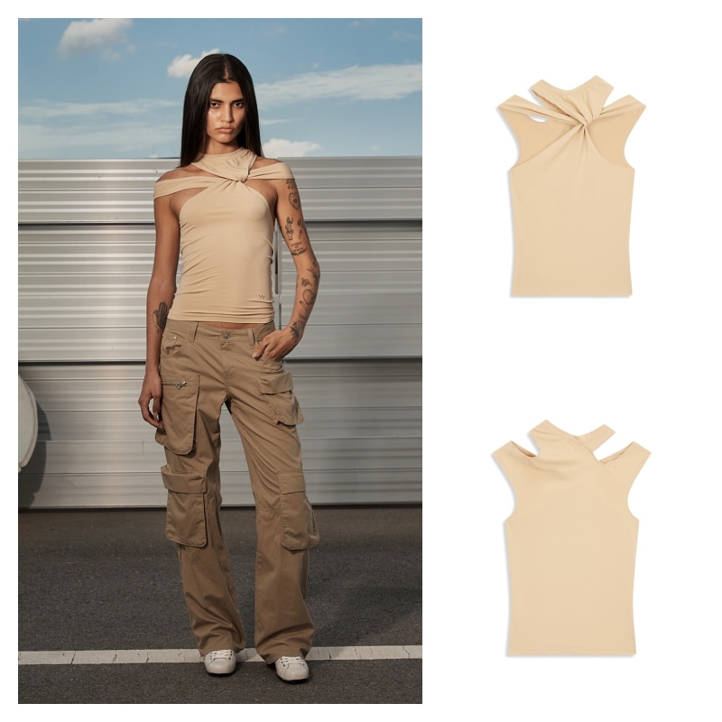 【OPEN Yy】 TWISTED CUT-OUT TOP : BEIGE