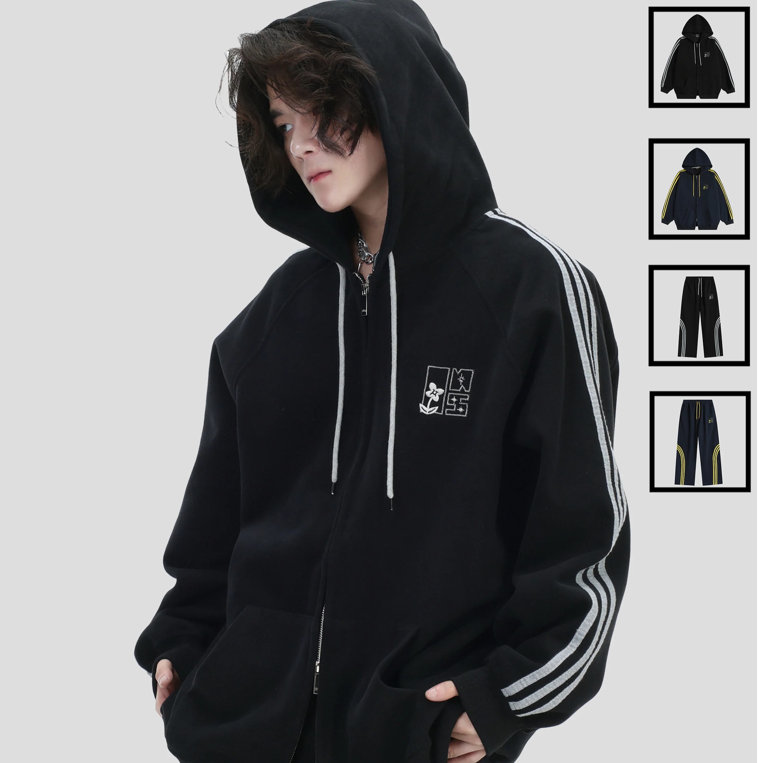 新色入荷2025秋冬韓国かわいいレディース ロゴフード付き長袖アウターレトロセット黑白フーディーブルサイズ丈トップス春カジュアルスポーツファッション系通学学生袖お出かけアップシルエットダブルトラック上