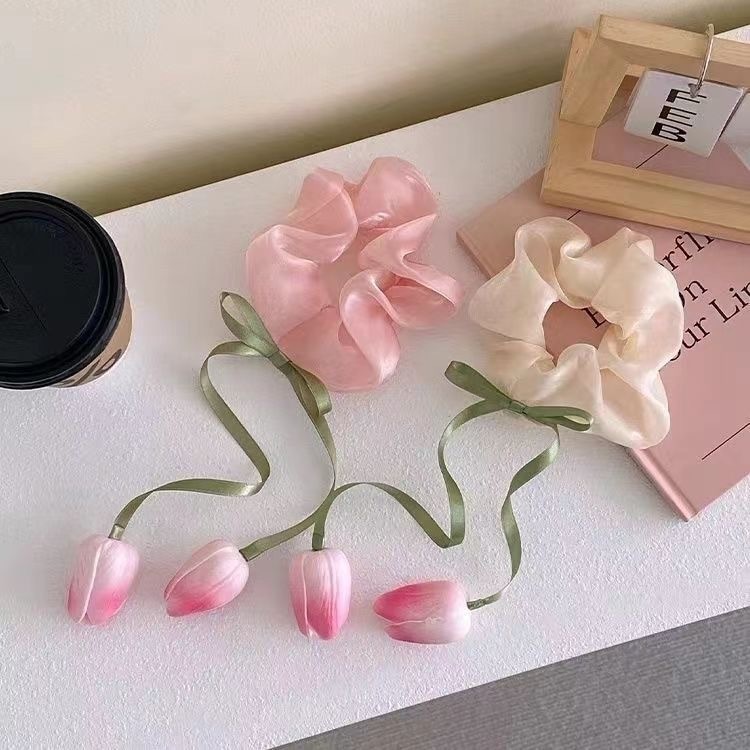 【1点ご購入 で10点プレゼントいたします】甘いシュシュのお団子ヘアアレンジチューリップの花の輪ゴムのひもの韓国系髪飾り