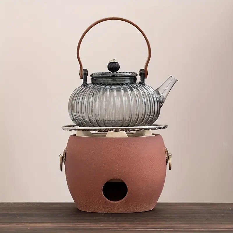 1セットのパンプキンポットティーポットセラミックヒーティングベース鋳鉄メッシュ周りのストーブで煮たお茶の道具のフルセット炭火ストーブバーベキュー屋内ローストストーブ屋外煮たお茶ポット煮