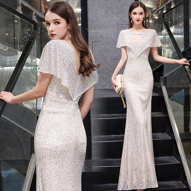 お値下げしましたキラキラドレス スパンコール イブニングドレス Vネック マーメイドドレス セクシー ロングドレス シルバー シャンパン色 パーティードレス マーメイドライン タイトドレス スリム 着