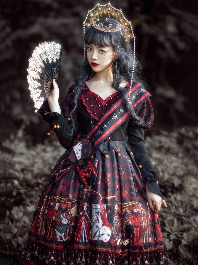 【全店任意2枚購入で100円OFF】ゴシックロリータOPドレスクイーンオブハーツ長袖ポリエステルダークおとぎ話ロリータワンピースドレス