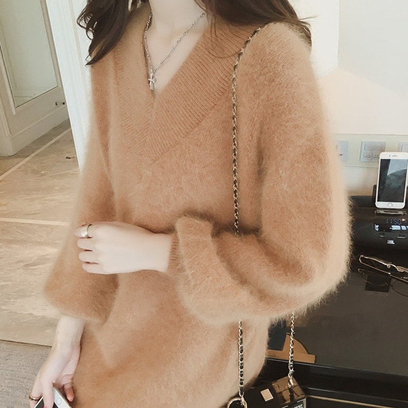 モヘアセーター レディース モヘアニット トップス 長袖 バルーンスリーブ ロング ｖネック チ