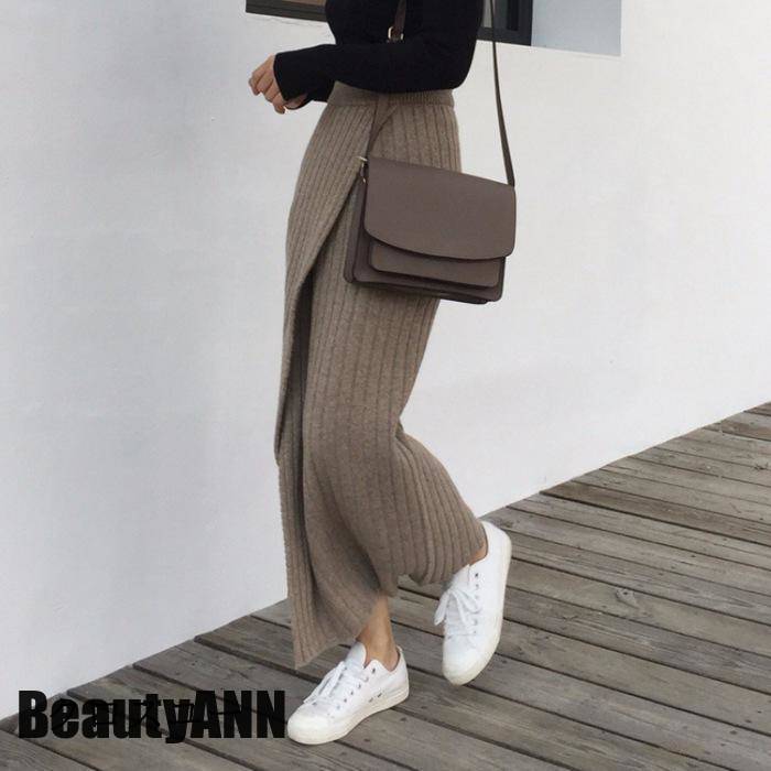 新生活 ニットスカート レディース ロング丈 ロングスカート マキシ丈 スリット ウエストゴム 無地 スカート ボトムス ハイウエスト 体型カバー 秋 プレゼント ギフト 10,017円