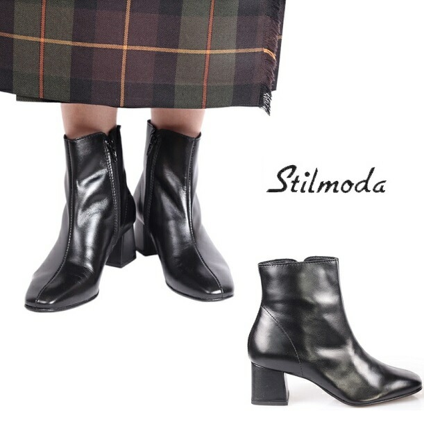 Stilmoda スティルモーダ 2108 ブーツ ジップ イタリア製 レザーシューズ レディースハイヒール 本革 スタイルアップ ジップアップ サイドジップ ブラック ショートブーツ