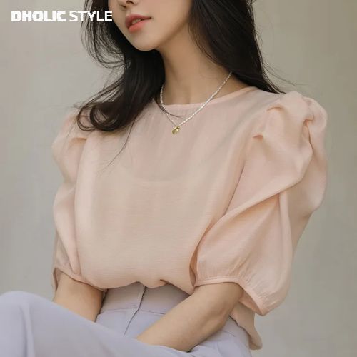 [メガ割りSALE]テンセル混パフハーフスリーブシースルーブラウス・p658229