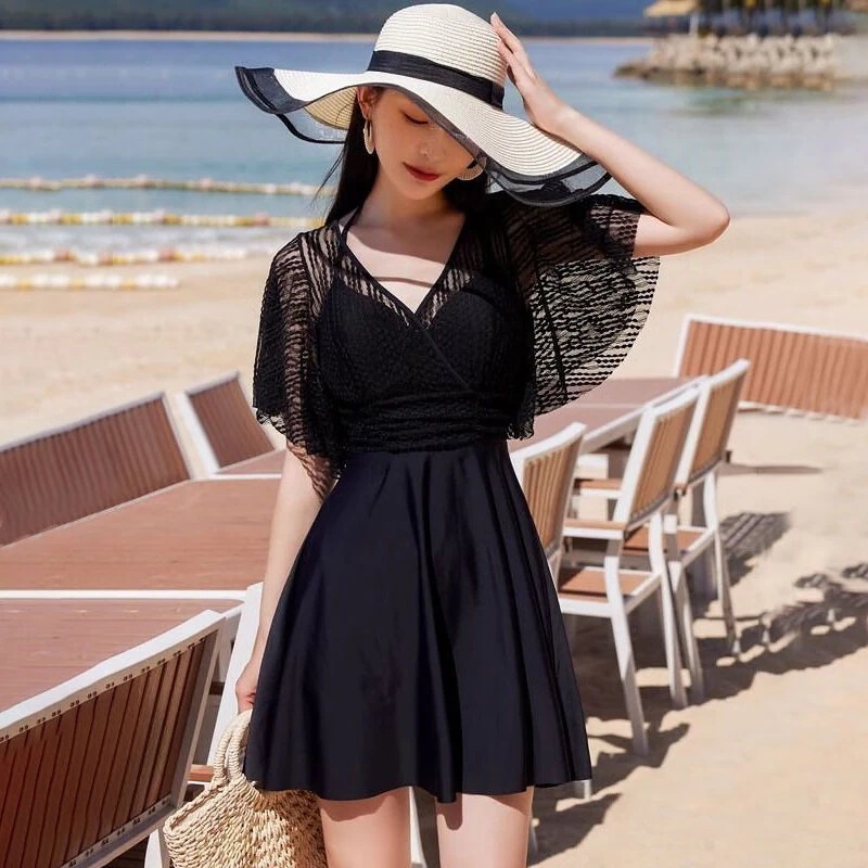 水着ワンピース式温泉入浴サイズぽっちゃりmm腹隠し肉痩せ見え連体大胸ガール水着黒フリーサイズ（40-60 kg）