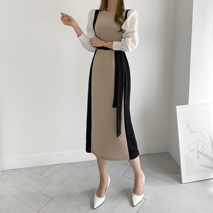 ワンピース レディース ドッキングワンピース 異素材 ロングワンピース ロング丈 ミモレ丈 長袖 シャツ ボリューム袖 バイカラー 配色 ウエストマーク リボン iライン タイト 着痩せ