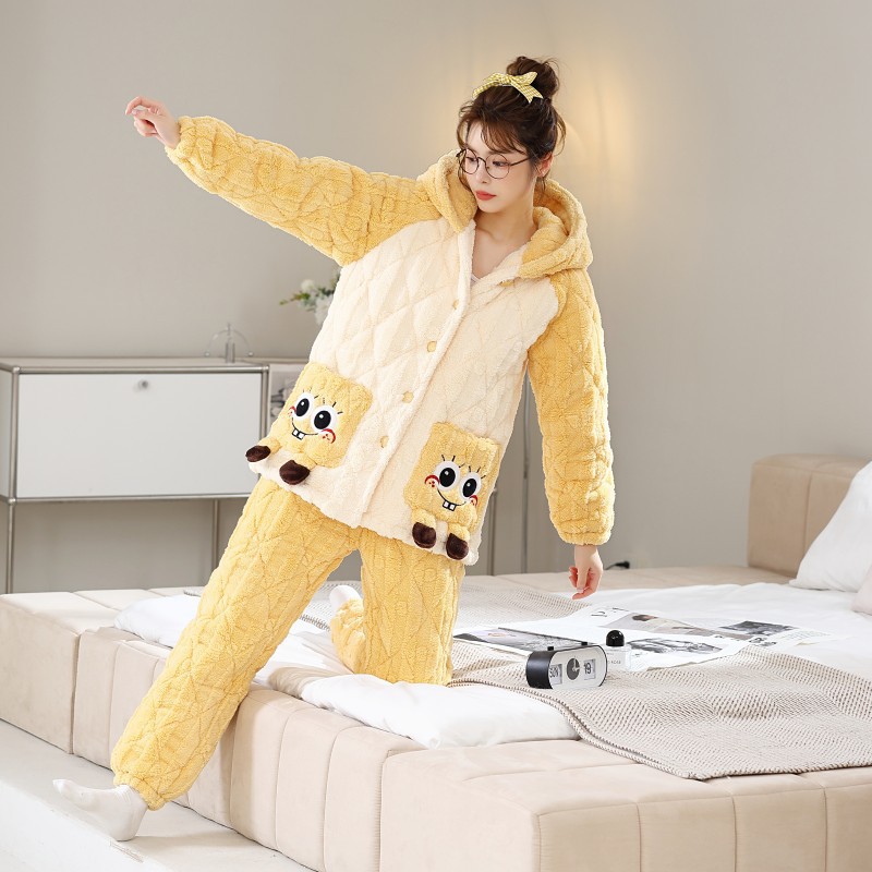 スポンジ・ボブ黄色パジャマ女性三層綿挟み厚手保温カートゥーンフランネル部屋着連帽セット 4,739円