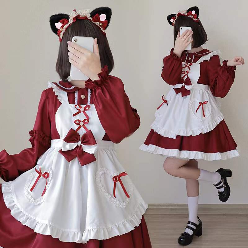 赤いロリータメイド服日本の柔らかくかわいい女の子長袖メイド制服コスプレロリドレス女性