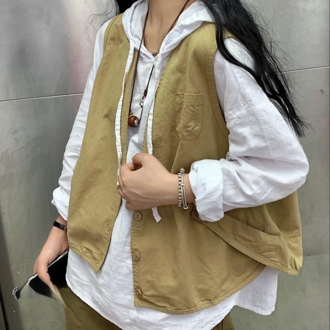 ルーズフィット レディース トップス ベスト ジレ 羽織りもの ミディアム丈 袖なし ノースリーブ Vネック 襟なし オーバーサイズ ポケット 前開き ラウンドヘム フロンントボタン シンプル