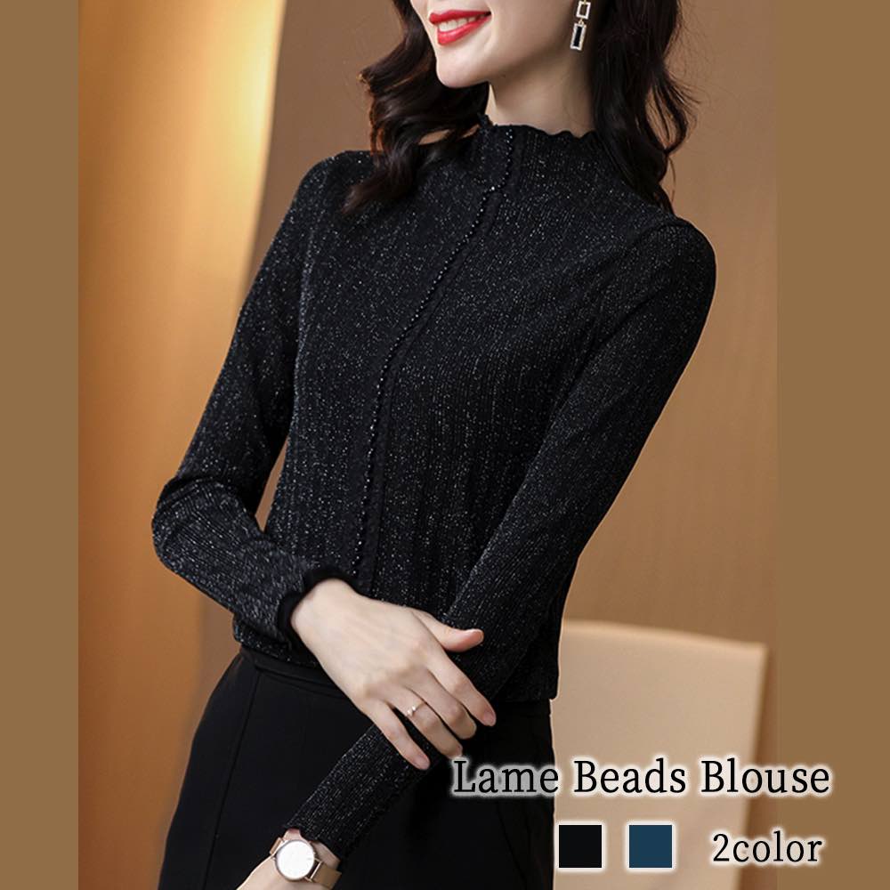 Tシャツ レディース ラメビーズブラウス カットソー コーデ 暖かい おしゃれ カジュアル トレーナー ロゴ ゆったり 長袖 春 綿 キャンバー ブラウス かわいい 秋 冬 ブラック Vネック ブラン