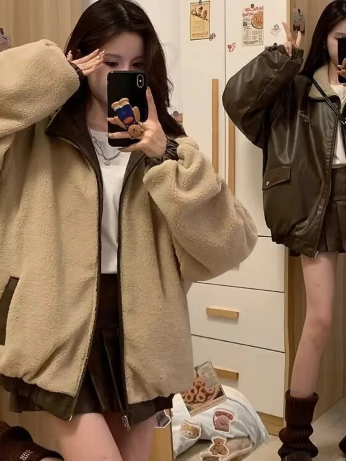 秋冬防寒 あったか 中綿 レザーアウター 韓国風スタイルアップ かわいい ブルゾンファー付きファッション系裹起毛大人ゆったりカジュアルストリートサイズレディースムートン襟フリースシルエット学生通学丈