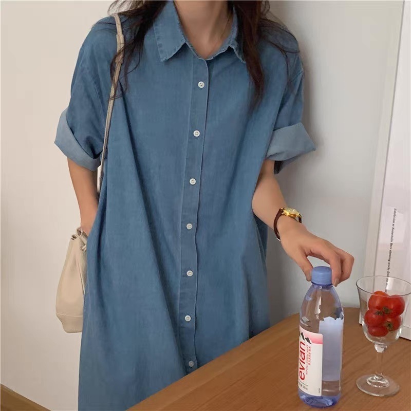 レディース ワンピース シャツ ブラウス シャツワンピ デニム ロング 半袖 5分袖 Vネック 襟付き 角襟 フェミニン ストリート 前開き アメカジ ブルーデニム かわいい 大人可愛い きれいめ