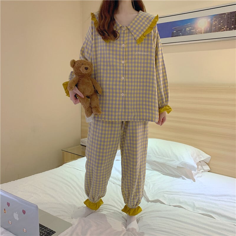 2color パジャマ ルームウェア 寝巻 ナイトウェア ギンガムチェック フリル