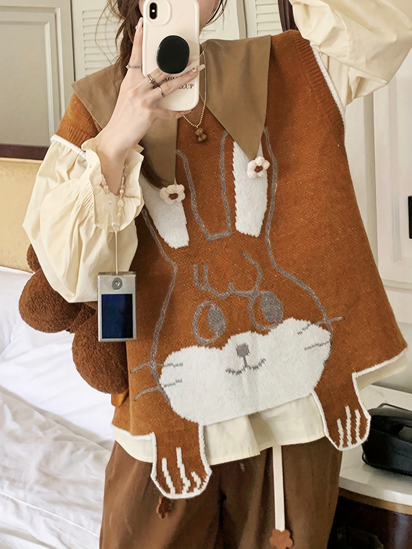 かわいいキャラクターアニマルセーターベスト 秋冬用 ラウンドネック レディースベスト