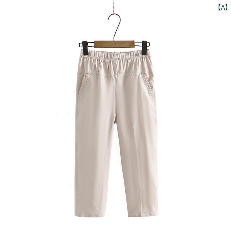 パンツ ズボン ウエストゴム レディース シニア 股上深め 大きめサイズ ストレッチ 楽ちん 太もも ふくらぎ シニア 夏 薄手 クロップド ストレート ボトムス 体型カバー 快適 カジュアル シンプ