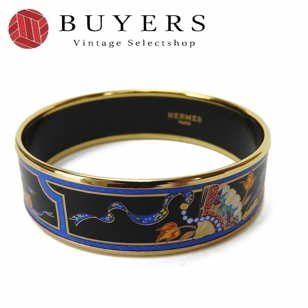 中古 エルメス バングル エマイユ GP 扇子柄 七宝焼き ゴールド メッキ アクセサリー 小物 ブレスレット レディース 女性 オシャレ HERMES bangle Accessories auth