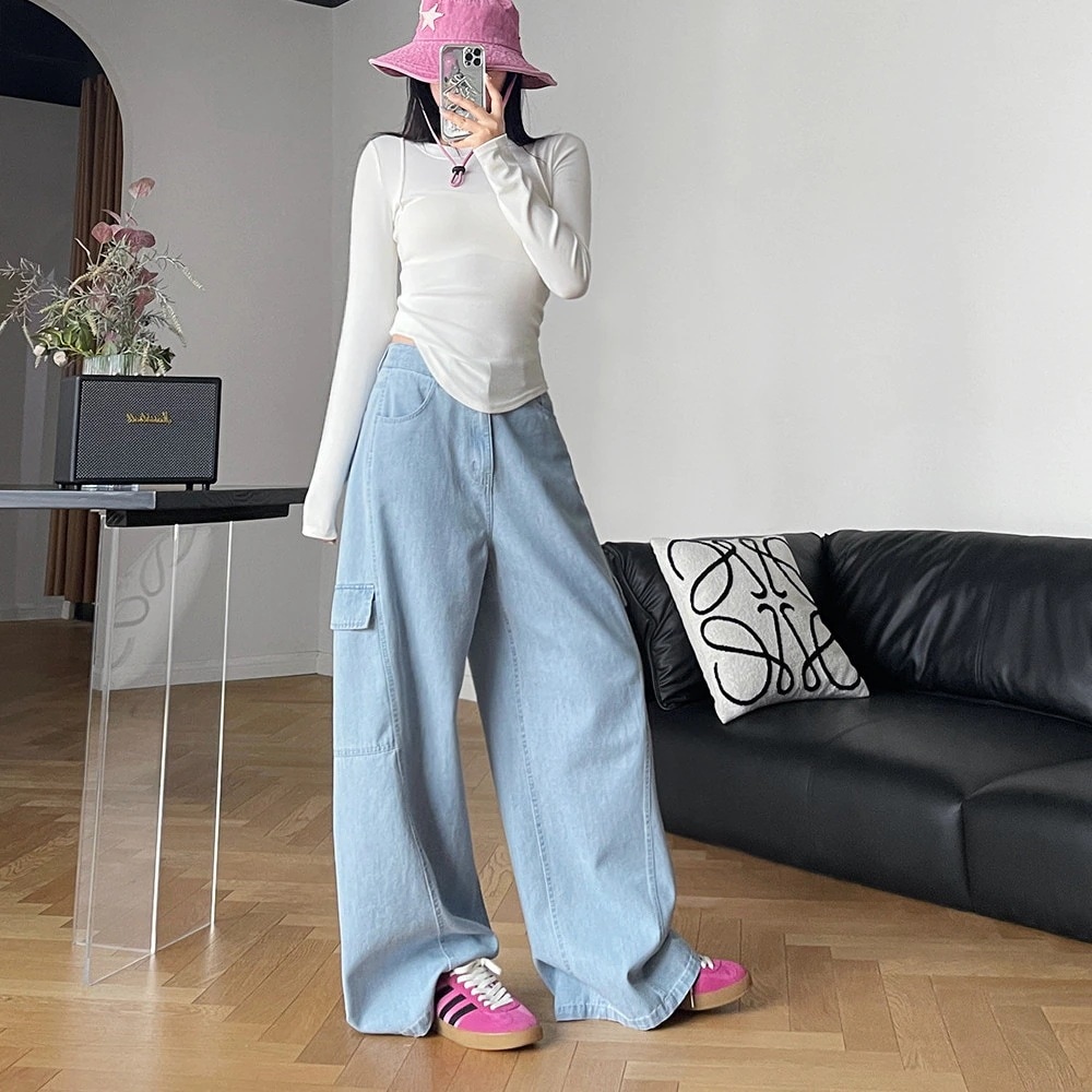 ハイウェスト パンツ カーゴパンツ デニムパンツ カジュアル ジーンズ 長ズボン レトロ ワイドパンツ ラックスパンツ