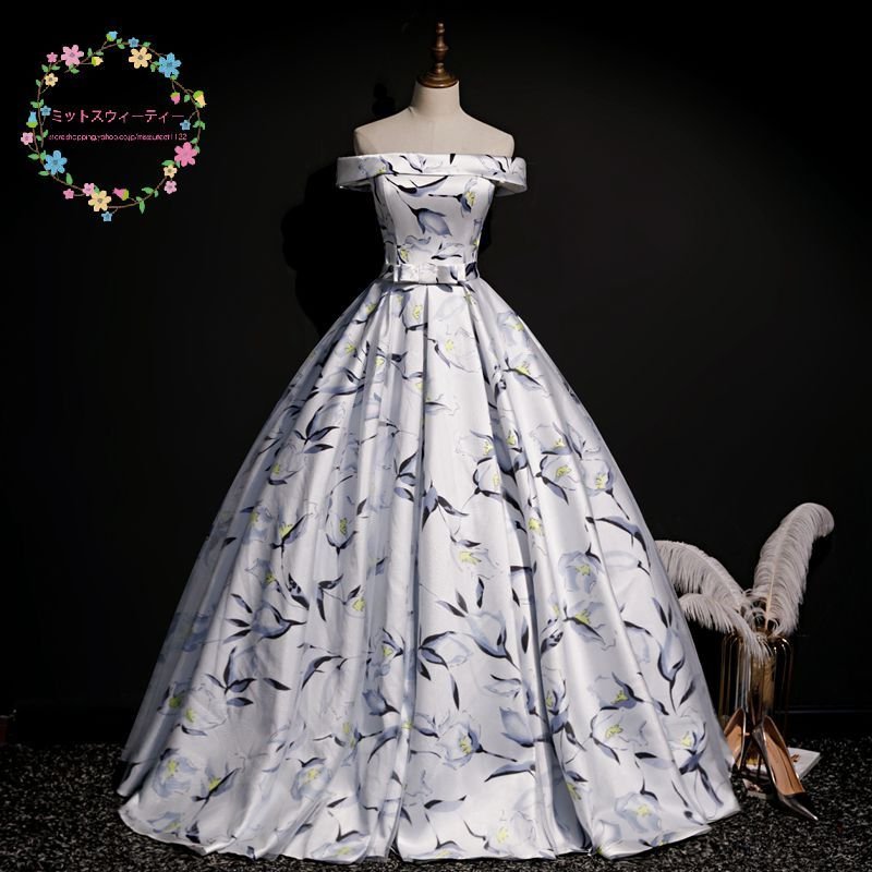 カラードレス 演奏会用ドレス ロングドレス ウエディングドレス 二次会 花嫁 白 花柄 オフショルダ