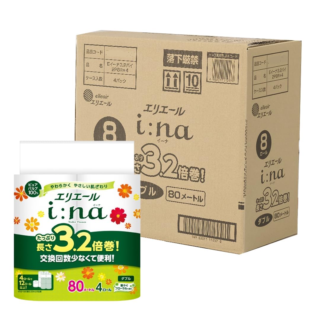 トイレットペーパー i:na(イーナ) 3.2倍巻き 80m×32ロール(8ロール×4パック) ダブル パルプ100% 華やぐフローラルの香り EC 正規段ケース ハーフケース