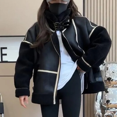 機関車服女性モデル冬モデル毛皮一体羊の綿毛コート女性2024年新型冬ネット人気爆発モデルジャケット