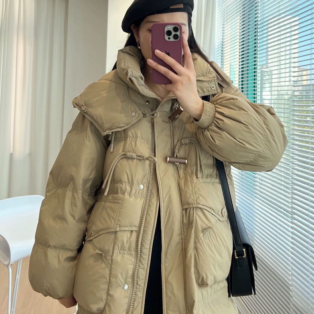 2025年冬新作の高級ダウンジャケットレディースミドル丈膝上丈フード付き厚手大型ホワイトダックダウン暖かいアウター