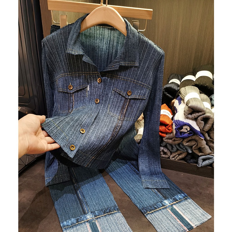 ファッションレトロなデニムのしわのスーツの気質の通勤長袖のシャツのストレートパンツの2つのセット