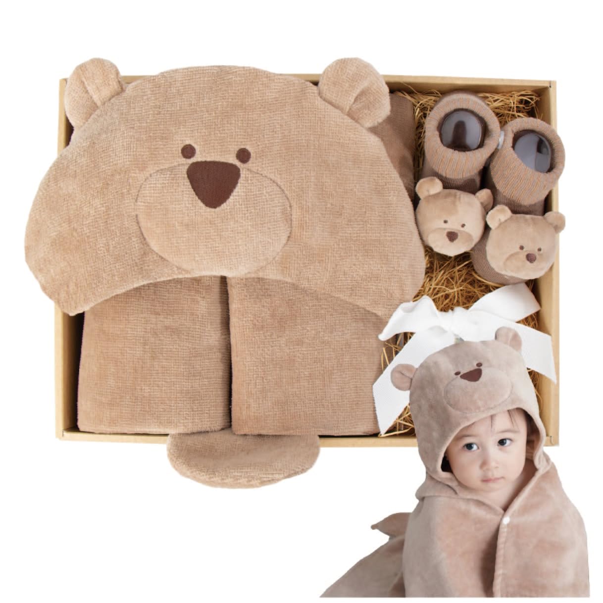 [DEIGO] ディーゴ 出産祝い ベビーバスタオル 赤ちゃん 靴下 ラトルソックス ギフト 男の子 女の子 贈答品 バスタオル＆ソックスセット (ベアブラウン)