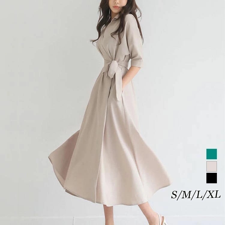 【2025新作】シャツワンピース レディース 春 夏 秋 ベージュ グリーン ブラック S~XL ロングワンピース 半袖 ゆったり ロング丈 大きいサイズ きれいめ 無地 ロングシャツ ギャザー 着や