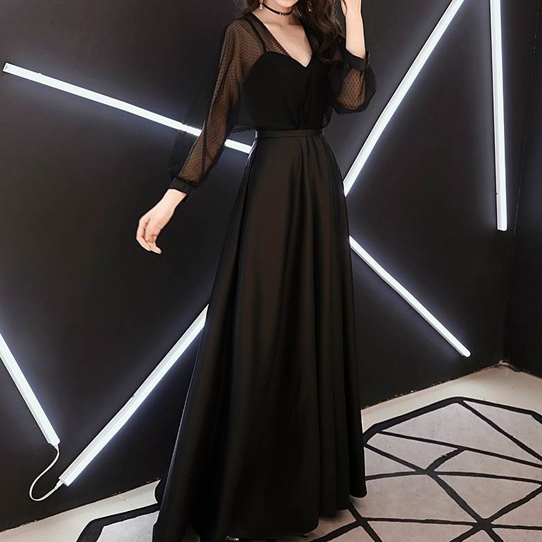 ドレス レディース パーティードレス フォーマルドレス イブニングドレス ロング Aライン 網目 シフォン 透け感 シースルー 袖あり 長袖 胸元 Vネック サテン風 ハートカット 光沢 大人可愛い
