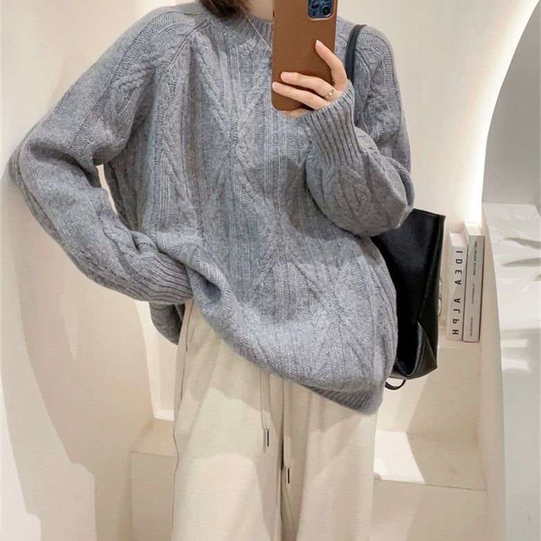 女性のためのファッショナブルな編み込みパターンニットクルーネックセーター5秋冬怠惰なスタイル年齢を減らすトップ