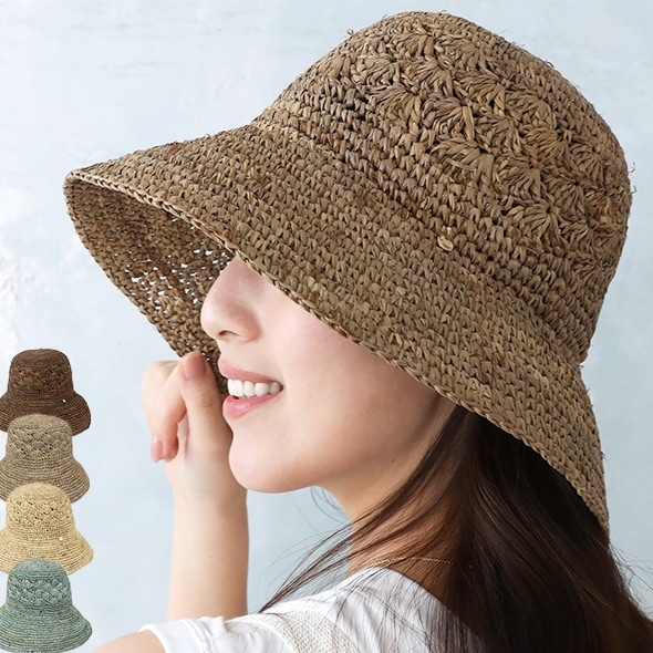 シェル編みが可愛いラフィアハット r2493 帽子 レディース 麦わら帽子 ラフィア ハット 天然素材 UV 紫外線 日よけ サイズ調整付き 贈り物 可愛い ナチュラル 春夏