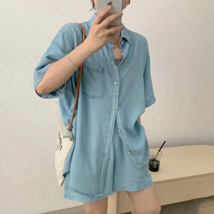 セットアップ レディース 韓国 デニム テンセル ソフトデニム ショートパンツ 半袖 夏 カジュアル おしゃれ Ａライン ゆったり 五分袖 リヨセル