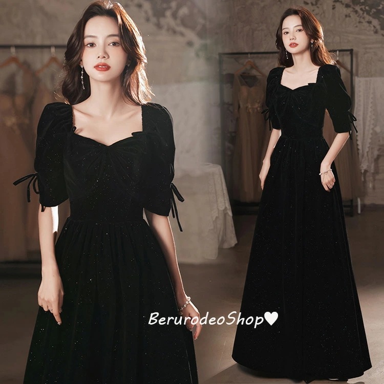 【TIME HOLDER】イブニングドレス 黒 ベロア ベルベット 発表会ドレス ロングドレス ブラック パフスリーブ 無地 オシャレ パーティードレス ワイン赤 お呼ばれドレス ロング ミモレ丈 2 5,305円