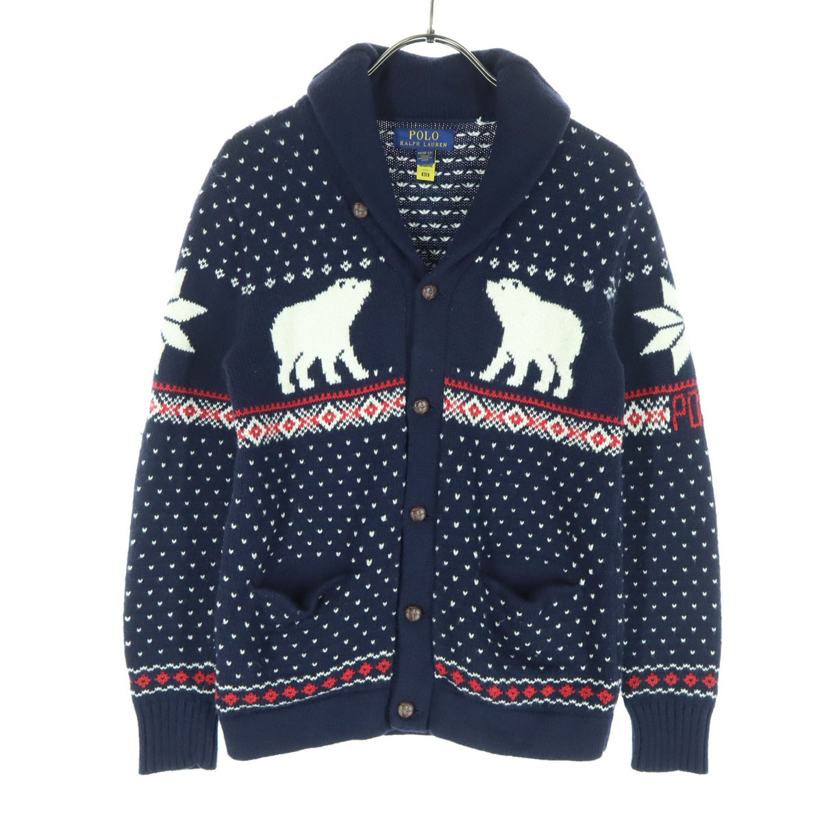 ノルディック柄 長袖 ショールカラー ニットジャケット 150 ネイビー キッズ 古着