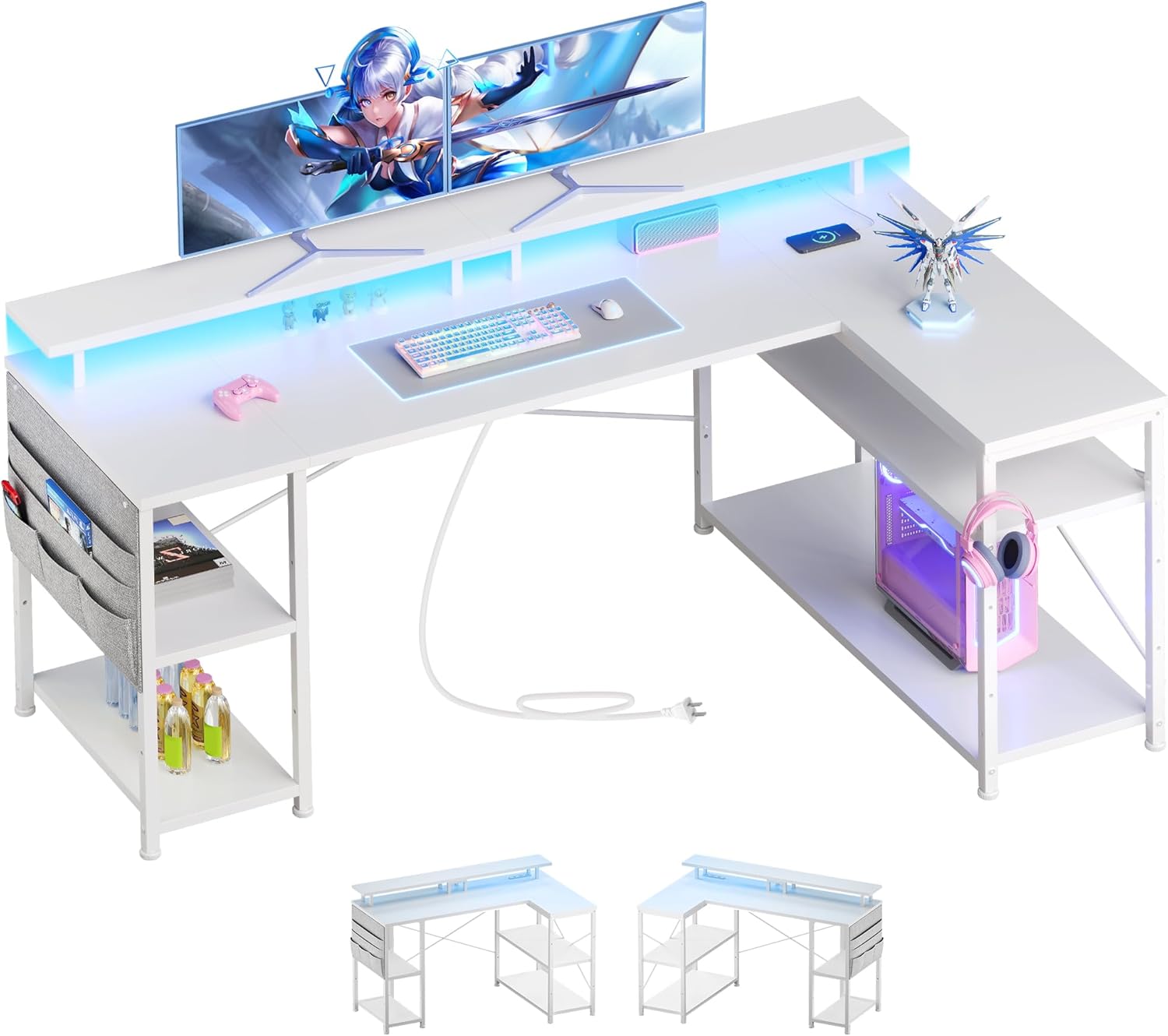 YeTom l字デスク LEDライト付き ゲーミングデスク 幅130cm モニター台付き パソコンデスクpcデスク コーナーデスク 棚板高さ調節可能 収納袋付きゲーミングテーブル 左右入れ替え対応