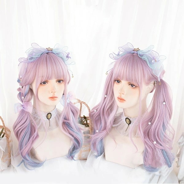 ウィッグ レディース フルウィッグ ロング メッシュ グラデーション 巻き髪　ぱっつん前髪 前髪あり 可愛い かわいい 大人用 コスプレ ロリータ　原宿風 仮装 超自然 かつら wig Lolita