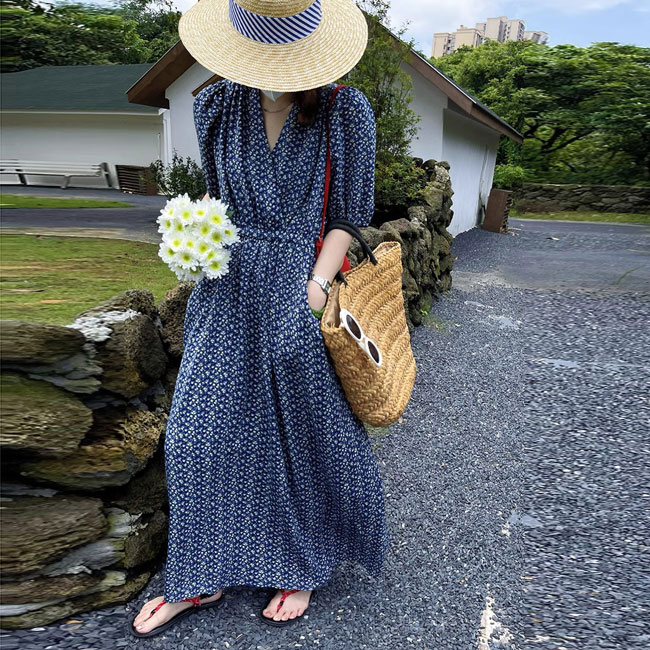 夏ワンピ リゾートワンピース 沖縄 可愛い ゆったり ロング丈　夏ワンピース花柄 夏 リゾートワンピ 旅行 海 海辺 バカンス デート お出かけ フリーサイズ d7063c0c0m6