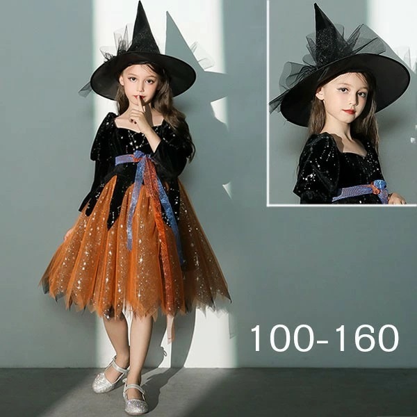 格安販売中ハロウィンコスプレ ハロウィン仮装 キッズ 子供服 魔女 ウィッチ 女の子 ワンピース パフスリーブ 長袖 帽子 スイートハートネック ミニ丈 キラキラ ヴィランズ コスチューム 可愛い パ