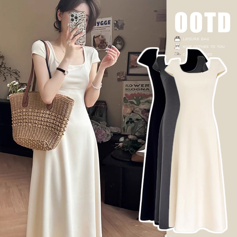 2024 マタニティ夏服新ファッションスリムドレープ気質ドレススクエアネックニットロングスカートマタニティドレス