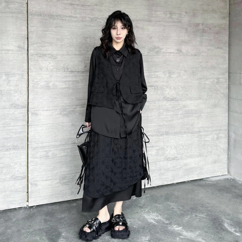 【J.Fashion】 中華風 上下セット 春秋 ドッキング 巾着 ハイウエスト ブラウス＋スカート おしゃれ レディース セットアップ メガ割 5,706円