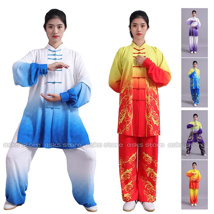 新品入荷太極拳 服 グラデーション 太極拳ウェア 祥雲柄 レディース メンズ 太極拳練習着 カンフーウェア 長袖 太極拳服 茶服 武術服 男女兼用 ウーシュー チャイナ服 配色 功夫 練功服 大極拳パ