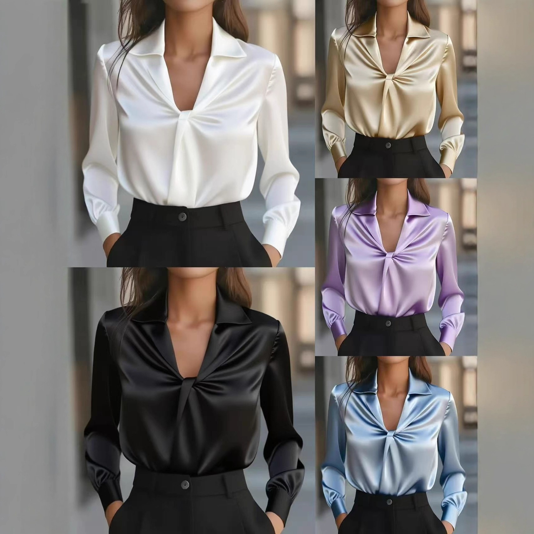 2025 Independent Station Wish Amazon Hot Style Autum Fashionable Pure Color Satin Pleated Long-Sleev