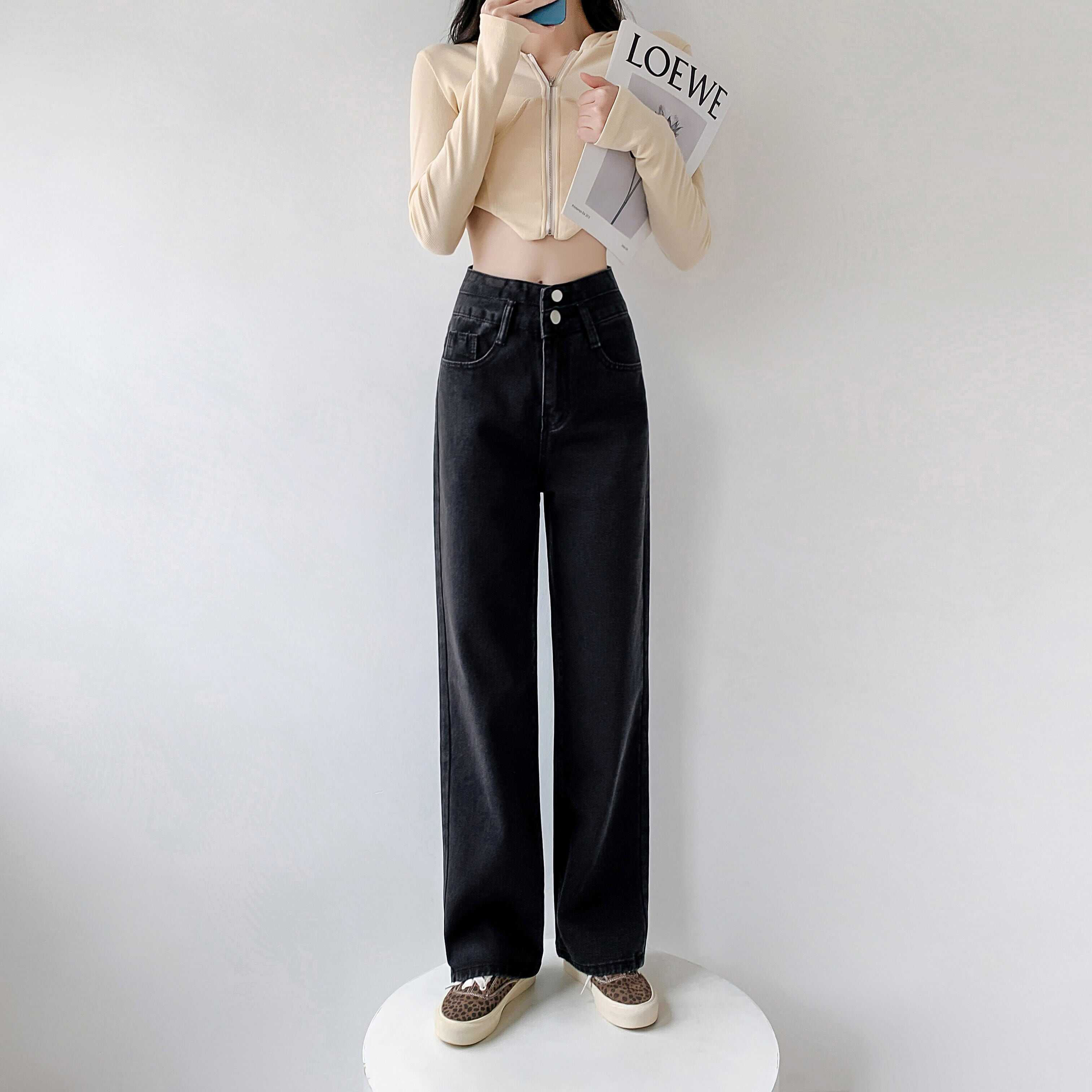 ワイドパンツ ジーンズ 長ズボン フレア ジーパン セミフレア パンツ ハイウエスト ボタン装飾 ストレッチ ロング ワイドパンツ ストレッチ 美脚 動きやすい 韓国 かわいい 可愛い lbot009