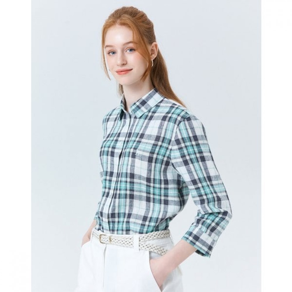 [24SS] [リネン] グリーンリネンチェック 3/4 スリーブ HSSH4B304E2